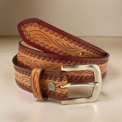 Light brown and burgundy contrasting carved belt