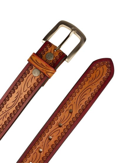 Light brown and burgundy contrasting carved belt - Image 3