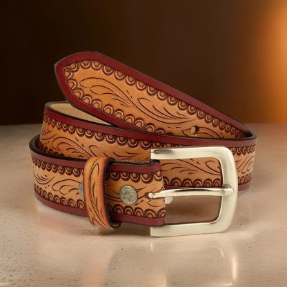 Light brown and burgundy contrasting carved belt - Image 2