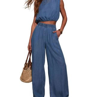 Women's denim crop top and wide-leg pants set