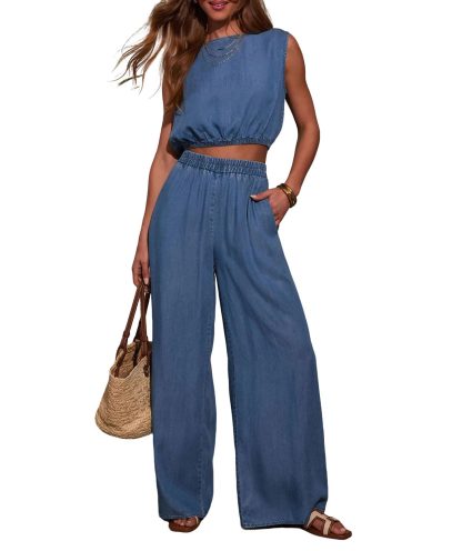 Women's denim crop top and wide-leg pants set