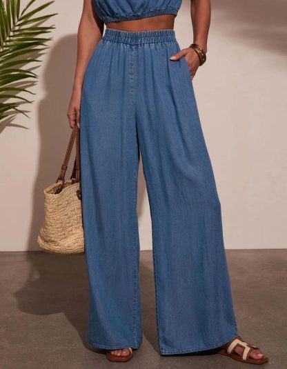 Women's denim crop top and wide-leg pants set - Image 2