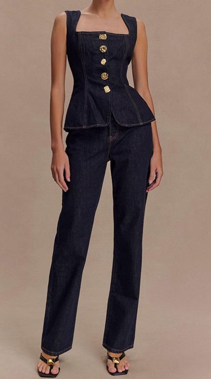 Women's denim tunic top and pants set - Image 3