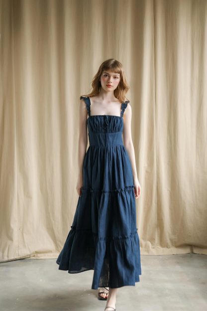 Navy Pleated Slip Dress