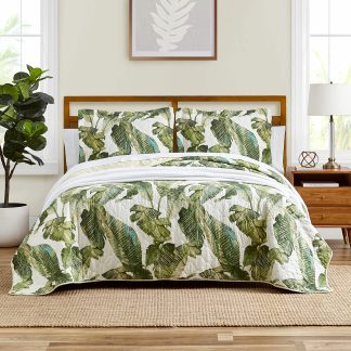 Tropical Green Leaf Print Three-Piece Bedspread Set