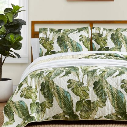 Tropical Green Leaf Print Three-Piece Bedspread Set - Image 5