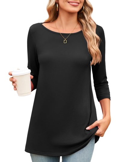 Simple one-shoulder neckline mid-sleeve curved hem top - Image 4