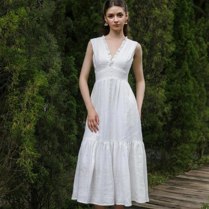 French sleeveless V-neck linen white dress - Image 6