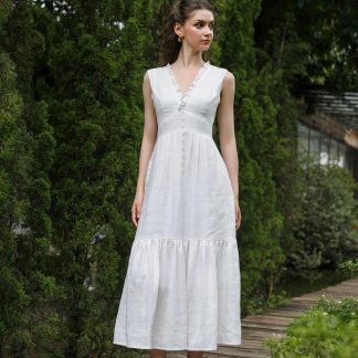 French sleeveless V-neck linen white dress