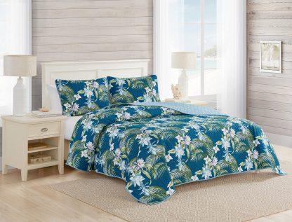 Tropical Blue Floral Bedspread Three-Piece Set - Image 10