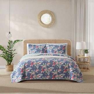 Blue Tropical Floral Quilted Three-Piece Bed Cover Set