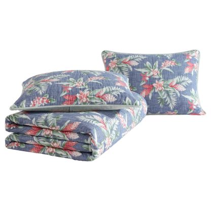 Blue Tropical Floral Quilted Three-Piece Bed Cover Set - Image 5