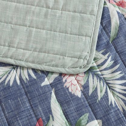 Blue Tropical Floral Quilted Three-Piece Bed Cover Set - Image 4