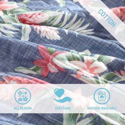Blue Tropical Floral Quilted Three-Piece Bed Cover Set - Image 3