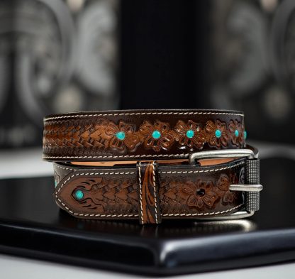 Carved and inlaid turquoise belt