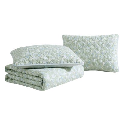 Light green leaf pattern quilted three-piece bed cover set - Image 6