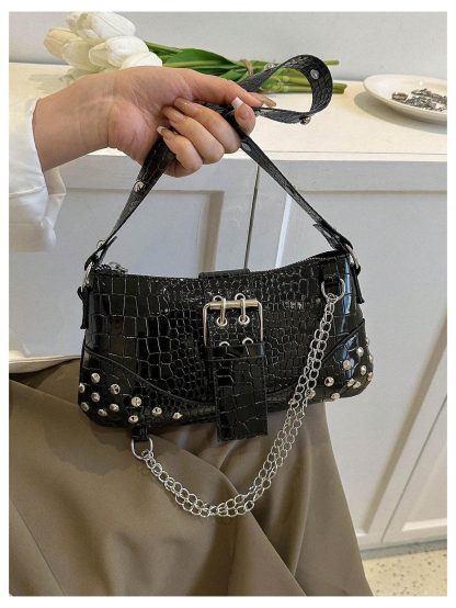 Studded crocodile-embossed underarm bag - Image 3