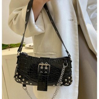Studded crocodile-embossed underarm bag