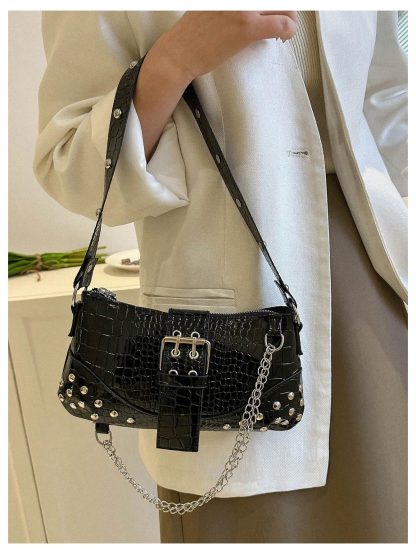 Studded crocodile-embossed underarm bag