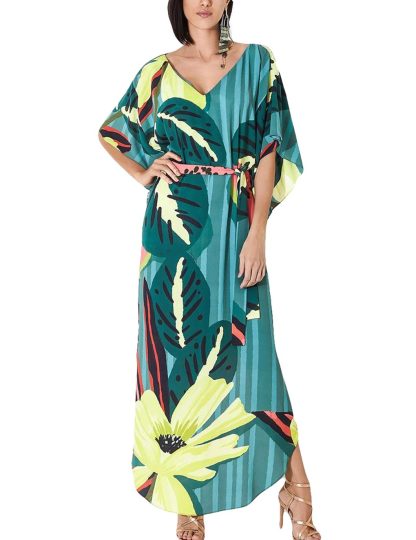Tropical plant print waist-length robe dress - Image 6