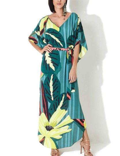 Tropical plant print waist-length robe dress - Image 3
