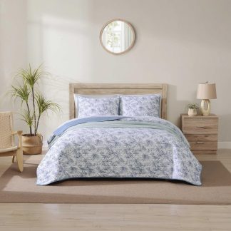 Light blue plant print three-piece bedspread set
