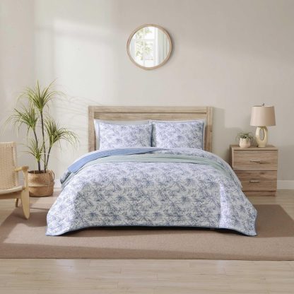 Light blue plant print three-piece bedspread set