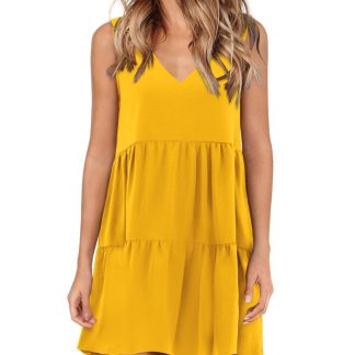 Vibrant Yellow V-Neck Sleeveless Cake Dress