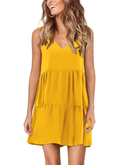 Vibrant Yellow V-Neck Sleeveless Cake Dress