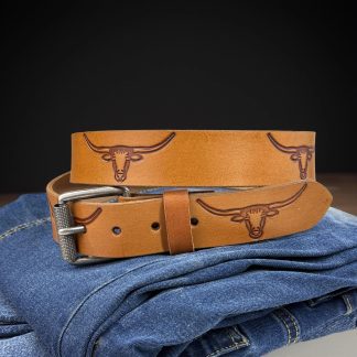 Western bull head carved belt