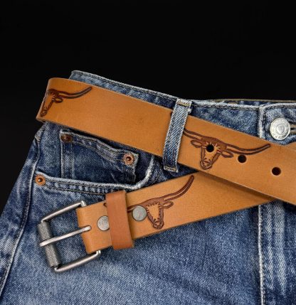 Western bull head carved belt - Image 4