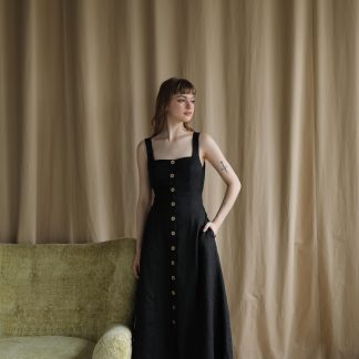 French retro linen suspender classic black dress