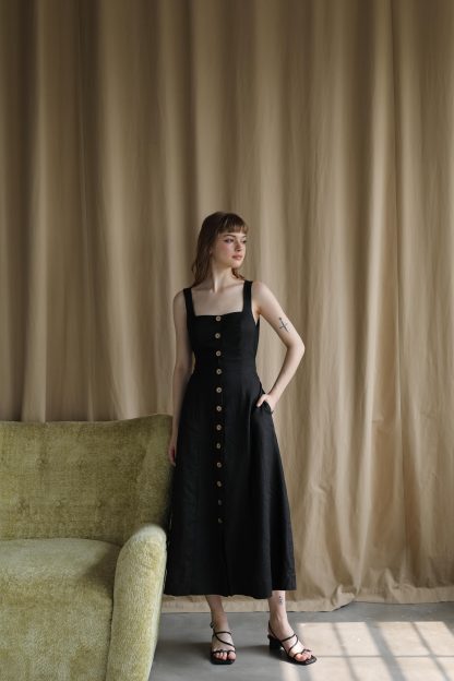 French retro linen suspender classic black dress