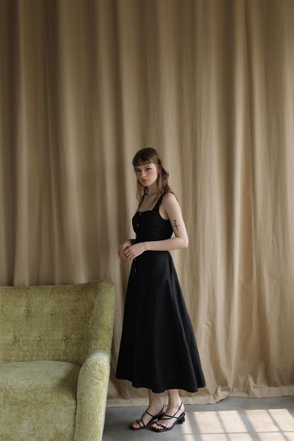 French retro linen suspender classic black dress - Image 5