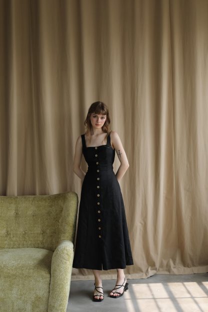 French retro linen suspender classic black dress - Image 4