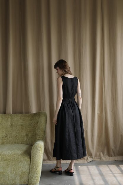 French retro linen suspender classic black dress - Image 3