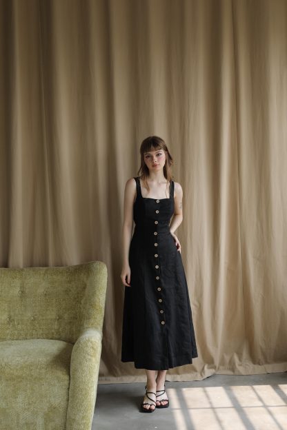 French retro linen suspender classic black dress - Image 2