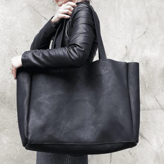 Handmade black leather tote bag