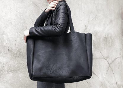 Handmade black leather tote bag