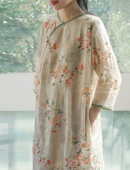 Light-tone printed slanted collar long dress - Image 7