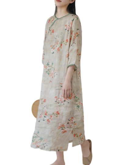 Light-tone printed slanted collar long dress - Image 6