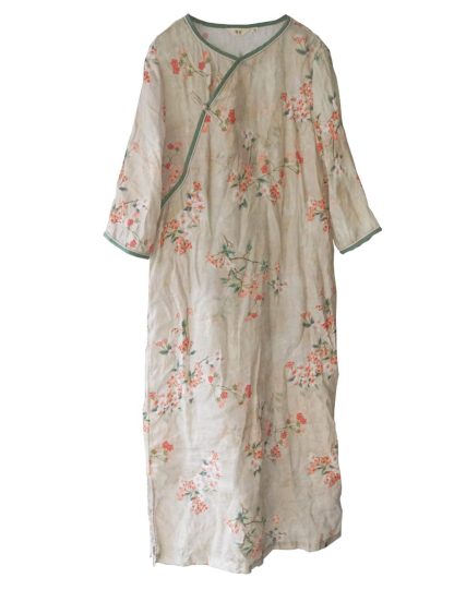 Light-tone printed slanted collar long dress - Image 5