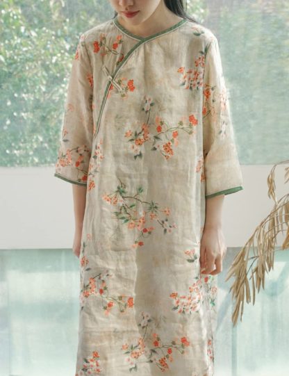 Light-tone printed slanted collar long dress - Image 4