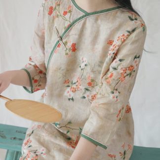 Light-tone printed slanted collar long dress