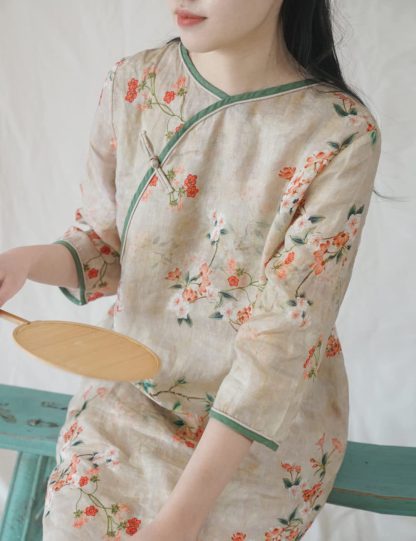 Light-tone printed slanted collar long dress