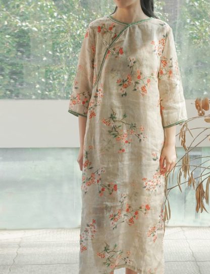 Light-tone printed slanted collar long dress - Image 2