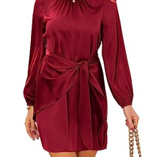 French Satin Twist-Waist Lantern Sleeve Dress