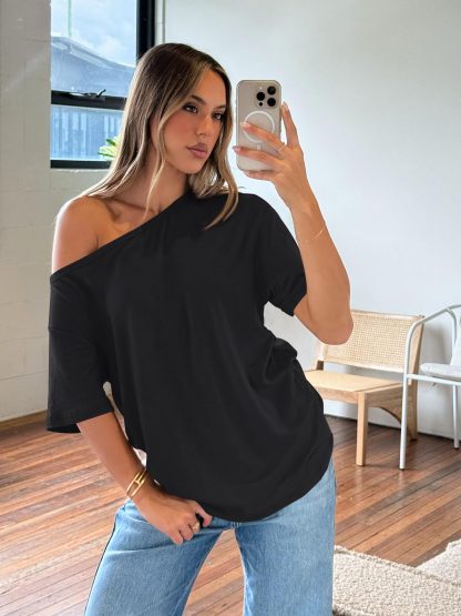 Women's Black Off-The-Shoulder Loose-Fit T-Shirt - Image 6