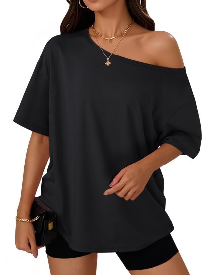 Women's Black Off-The-Shoulder Loose-Fit T-Shirt - Image 5