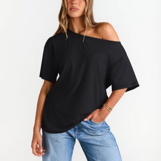 Women's Black Off-The-Shoulder Loose-Fit T-Shirt